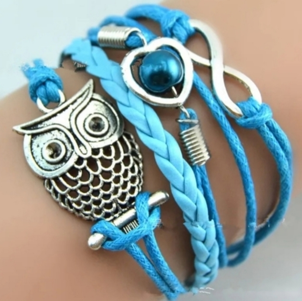 Multi Charm Leathet Bracelet Infinity‎ Symbol with Faux Pearl Heart and Owl